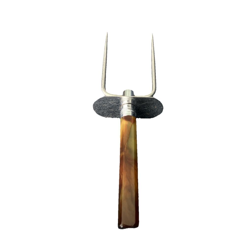 Bakelite Stainless Steel Carving/Lifting Fork w/Butterscotch Marble Handle Vtg.